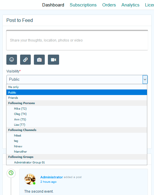 Visibility selector from Post to Feed form on Dashboard page